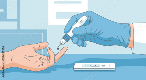 Medical blood glucose test, doctor using lancet on patient finger for diabetes check