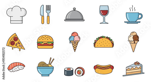 A vibrant assortment of food icons perfect for restaurant menus and culinary presentations