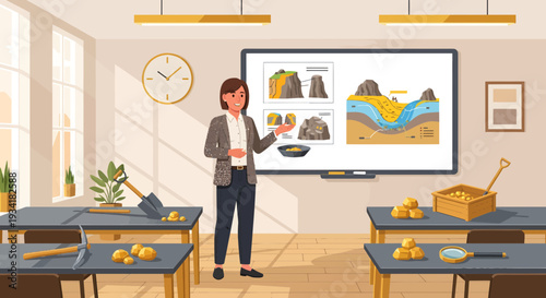 Teacher explaining geology concepts on a digital whiteboard.