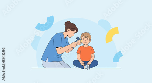 Pediatrician examining child's ear with thermometer, healthcare concept