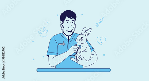 Veterinarian Examining Rabbit with Stethoscope, Pet Care and Health Concept