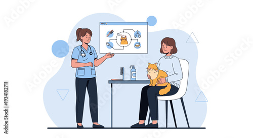 Veterinarian Explains Pet Health Diagram to Owner with Cat