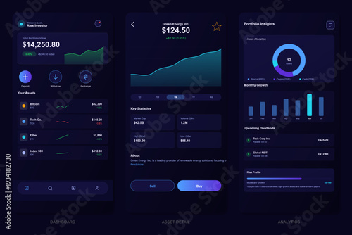 A set of three mobile app interface designs for a financial investment platform featuring dark mode, stock market data, portfolio analytics, and asset management visualizations.