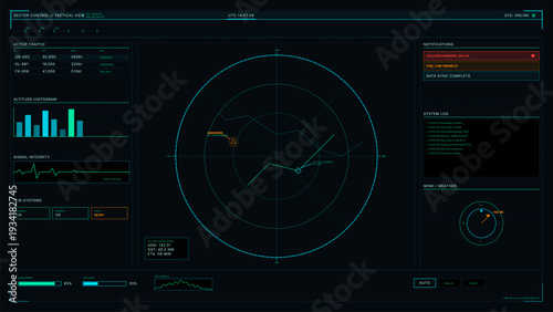 A futuristic digital dashboard shows a tactical radar display with active flight traffic, altitude charts, system logs, and emergency notifications in a dark cyan theme.