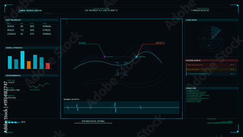 A futuristic digital search and rescue interface displays unit telemetry, environmental data, seismic activity, and a topographic map with mission coordinates and system alerts.