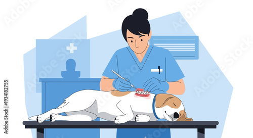 Veterinarian Performing Dental Surgery on a Dog in Clinic