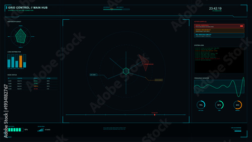 This futuristic digital dashboard displays power grid control data with technical visualizations, system logs, active alerts, and real-time monitoring charts on a dark background.