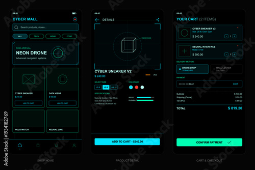 A set of three mobile user interface screens for a futuristic shopping application featuring a dark mode aesthetic with neon teal highlights and minimalist wireframe graphics.