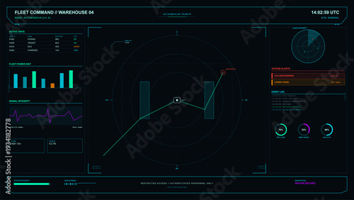 Futuristic digital dashboard for warehouse fleet management featuring real-time data visualization, autonomous unit tracking, system alerts, and performance metrics.
