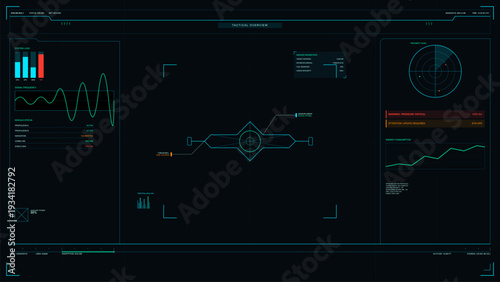 A futuristic tactical overview interface displays various data visualizations including a radar scan, signal frequency waves, system load bars, and a central spacecraft schematic.