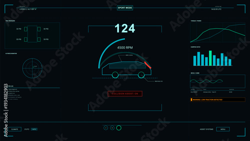 A futuristic digital car dashboard interface displays real-time performance data including speed, engine RPM, tire pressure, and a collision assist warning on a dark screen.