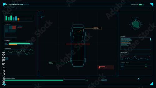 A futuristic digital interface displays vehicle diagnostics with a wireframe car model, bar charts, and technical data including fluid metrics and system logs on a dark background.