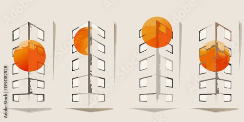 Abstract illustration of buildings and orange circles in a repeating pattern