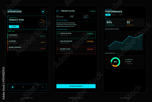 A set of three mobile application screens showing a dark-themed project management dashboard with analytics charts, meeting details, and task lists in a futuristic digital interface.