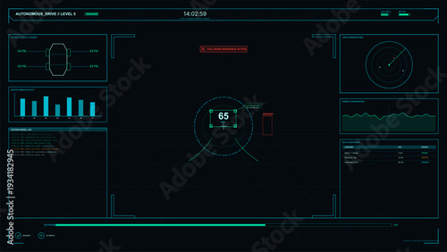 A futuristic digital heads-up display for an autonomous vehicle showing level five driving status, speed, lidar mapping, energy consumption, and real-time system diagnostics on a dark screen.