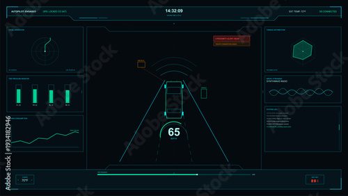 A futuristic vehicle interface displays realtime telemetry including speed, navigation, and autopilot status. The dark digital screen features neon cyan and green graphics.