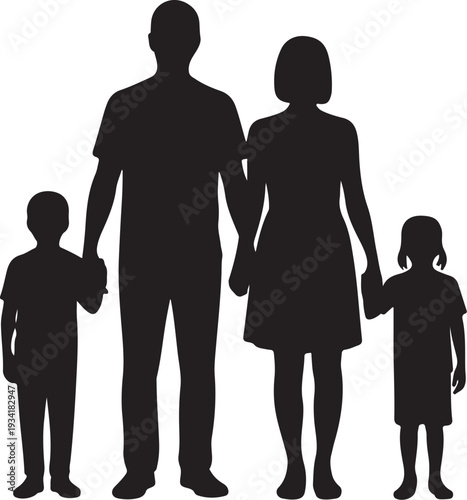 Black silhouette of family with parents and two children holding hands