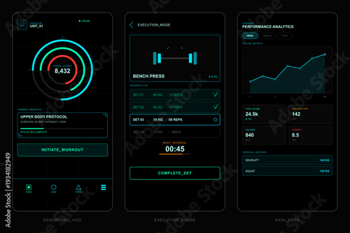 A digital interface showing three mobile app screens for fitness tracking, including a dashboard with step counts, workout execution logs, and performance analytics charts.