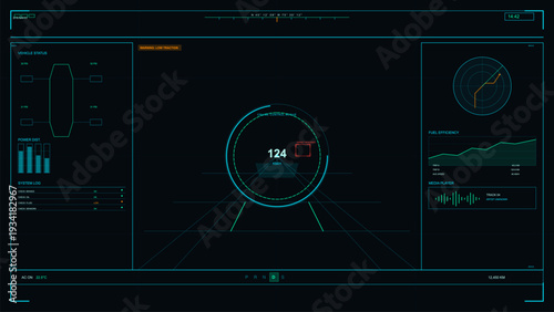 A futuristic digital vehicle dashboard interface displays speed, fuel efficiency, and system status on a dark screen with cyan and orange graphics for a high-tech automotive look.