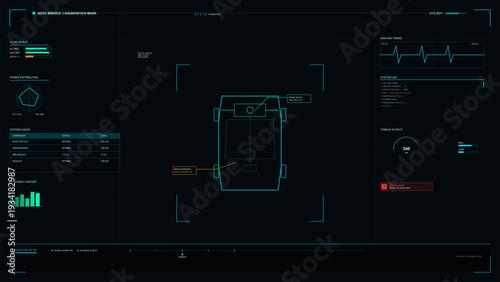 A futuristic digital vehicle diagnostics dashboard displaying real-time data including fluid levels, system checks, engine performance, and a top-down wireframe view of a car.