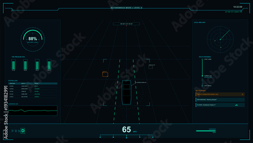 A futuristic digital dashboard for an autonomous vehicle displays real-time data including speed, battery level, navigation map, and sensor information on a dark interface.