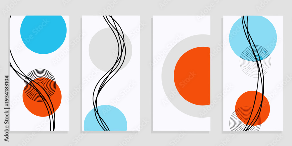 Fototapeta premium Abstract geometric art featuring circles curves and lines in a grid format