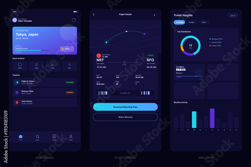 Three mobile application screens showing a travel dashboard, flight details, and analytics insights in a dark mode user interface design with blue and purple accents.