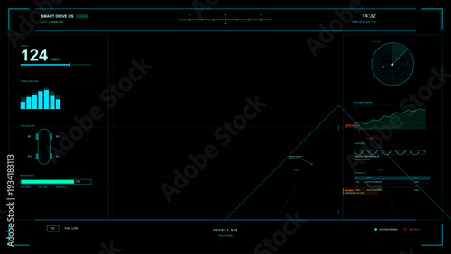 This futuristic digital vehicle dashboard interface displays velocity, battery levels, and navigation data in a cyan color scheme on a dark background for a smart car system.