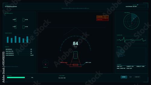 A futuristic digital car dashboard interface displays autonomous driving data, including speed, tire pressure, lidar radar, and collision warnings on a dark screen.