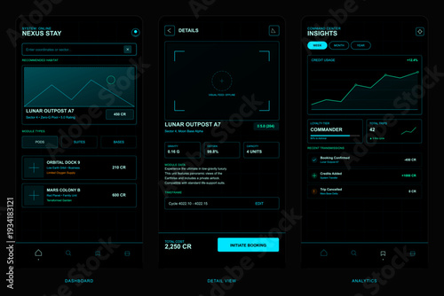 A futuristic mobile application interface design for space travel and lunar habitat booking, featuring a dark theme with neon cyan accents and detailed data visualization screens.