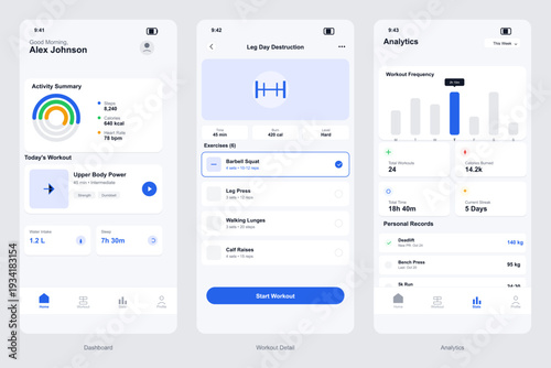 Three mobile application screens display a fitness tracking interface with activity summaries, workout details, and performance analytics in a clean blue and white design.