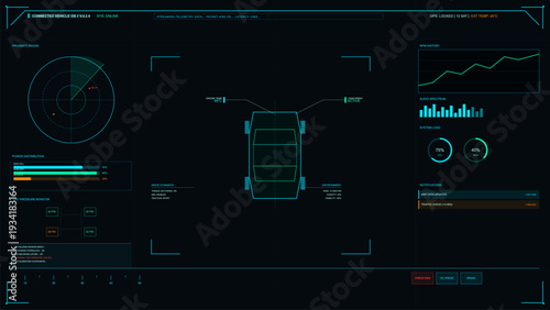 A futuristic digital vehicle dashboard interface displays real-time telemetry data including proximity radar, tire pressure, engine temperature, and system performance metrics on a dark screen.