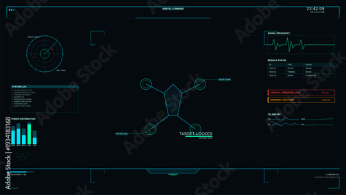 A futuristic digital head-up display interface showing a drone wireframe with target locked status, radar, system logs, power distribution charts, and telemetry data on a dark background.