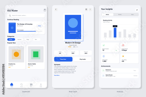 Three mobile application screens showing a digital library dashboard, book details with synopsis, and reading analytics with charts and statistics in a clean modern interface design.