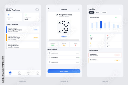 A mobile application user interface design for professors featuring a dashboard with class schedules, a QR code check-in screen, and an analytics page with attendance data and charts.