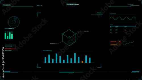 A futuristic digital interface displays a central 3D wireframe cube surrounded by data analysis charts, signal waveforms, and system status alerts on a dark background.