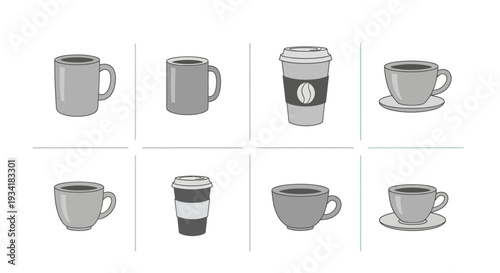 Assortment of Coffee Cups and To-Go Containers Depicted in a Simplified Line Art Style