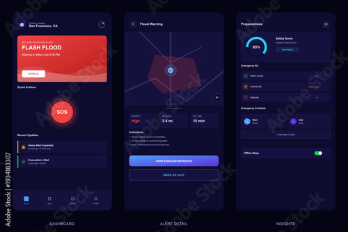 User interface design for a disaster management mobile app showing flash flood alerts, evacuation routes on a map, and emergency preparedness checklists in a dark theme.