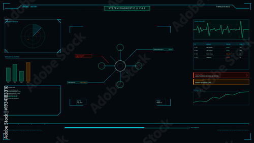 A futuristic digital heads-up display interface showing system diagnostics, proximity sensors, resource allocation, and critical alerts on a dark background with cyan and red accents.