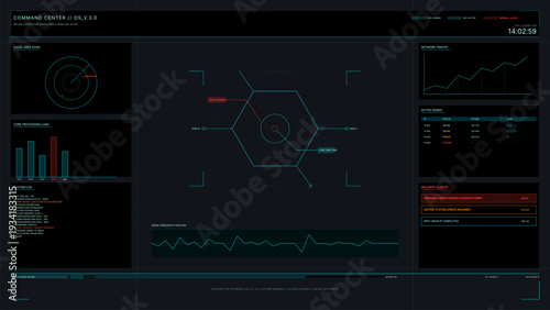 A futuristic command center digital interface displaying realtime data including radar scans, network traffic graphs, system logs, and security alerts on a dark background.