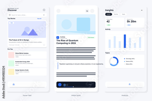 Three mobile application interface screens showing a news feed, a detailed article view with an audio player, and a data analytics dashboard with charts and statistics.