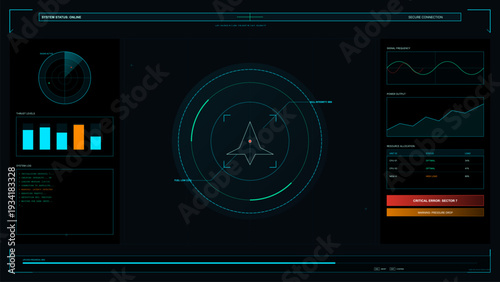 A futuristic digital head-up display interface featuring a central navigation icon, radar scans, data graphs, system logs, and critical error alerts on a dark background.