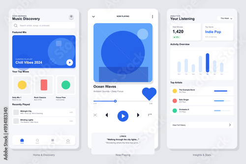Three mobile application screens showing a music streaming interface with discovery, now playing, and analytics features. The design uses a clean, modern blue and white aesthetic.