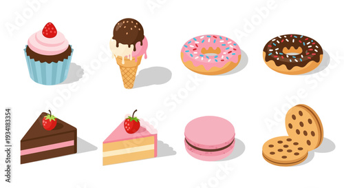 Assorted sweet desserts and pastries: cupcake, ice cream, donuts, cake slices, macarons, and cookies