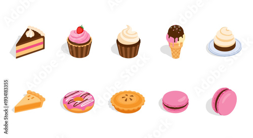 Assortment of Isometric Dessert Iconography Featuring Cakes, Cupcakes, and Other Confections