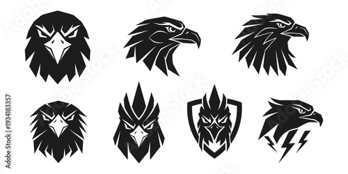 Modern eagle head logo set bold geometric vector fierce bird mascot esport emblem collection