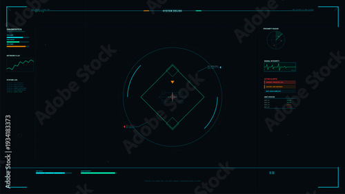 A futuristic digital heads-up display interface featuring various data panels, a central targeting reticle, system diagnostics, and real-time monitoring graphs on a dark background.