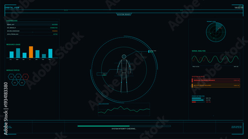 A futuristic digital head-up display interface featuring a central human wireframe, data charts, system logs, and status indicators on a dark background for a sci-fi aesthetic.