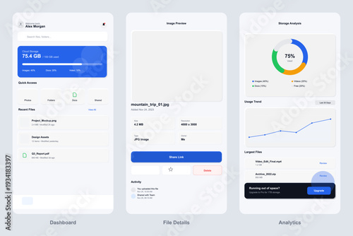 Three mobile app user interface screens for cloud storage management including a dashboard with usage stats, file details with metadata, and an analytics page with charts and graphs.