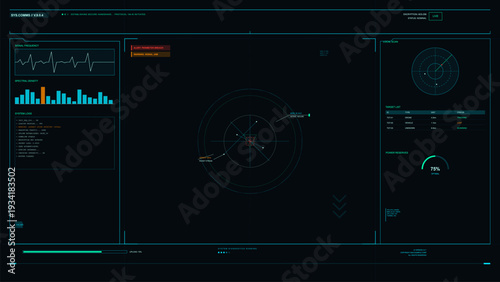 A futuristic digital interface displays surveillance data including signal frequency, spectral density, system logs, and a radar tracking map with alerts for perimeter breaches.